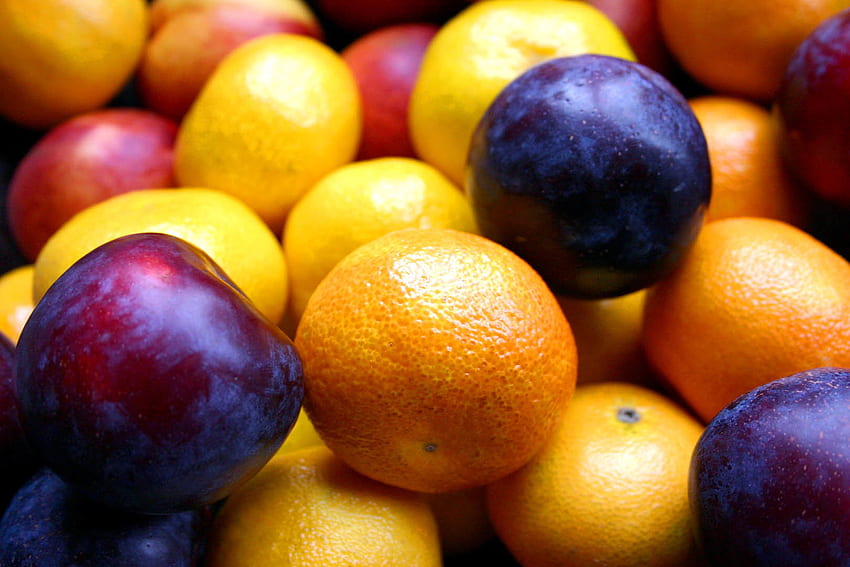 Frutta, cibo, mandarini, prugna, maturo Sfondo HD