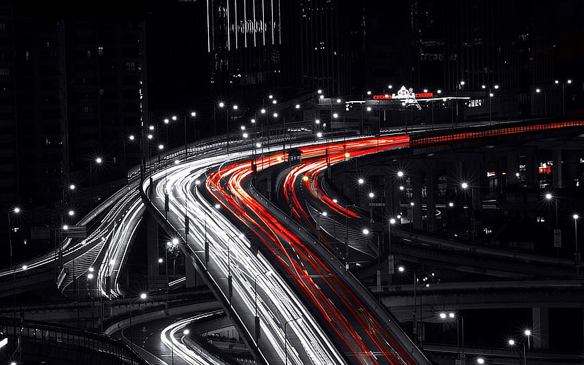notte, ponti, traffico, semafori, Shanghai, lunga esposizione, città, scie luminose Sfondo HD