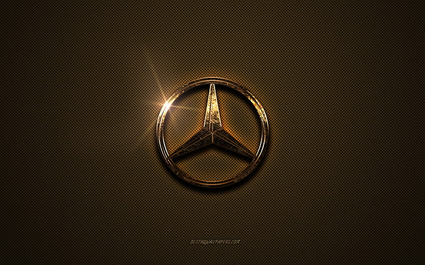 Златно лого на Mercedes-Benz, произведения на изкуството, кафяв метален фон, емблема на Mercedes-Benz, лого на Mercedes-Benz, марки, Mercedes-Benz HD тапет