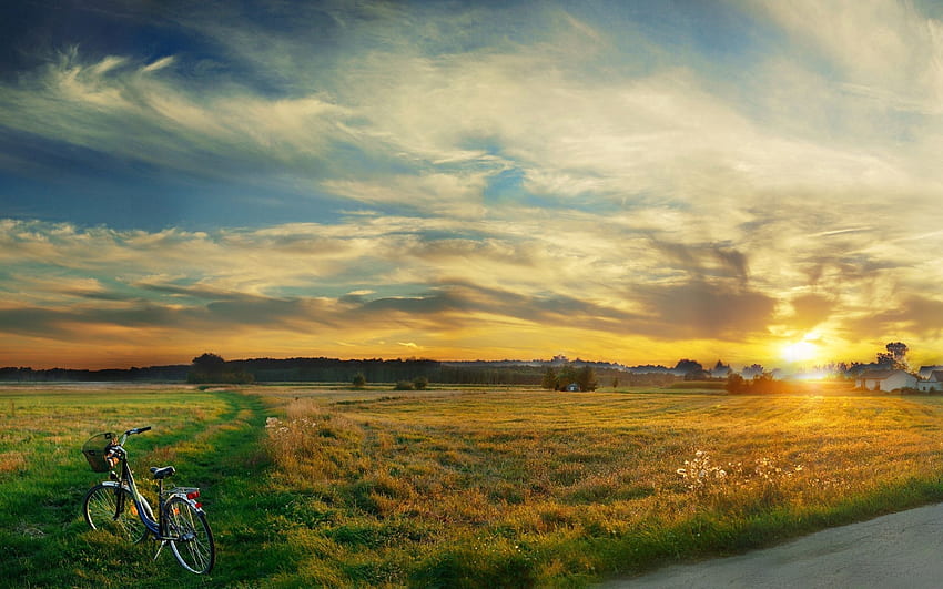 ธรรมชาติ พระอาทิตย์ตก ท้องฟ้า เมฆ สนาม ตอนเย็น ความเงียบ จักรยาน วอลล์เปเปอร์ HD