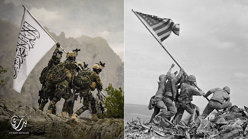 Die Taliban scheinen sich über das Hissen der Flagge von Iwo Jima in der jüngsten Propagandakampagne, der Schlacht von Iwo Jima, lustig zu machen HD-Hintergrundbild