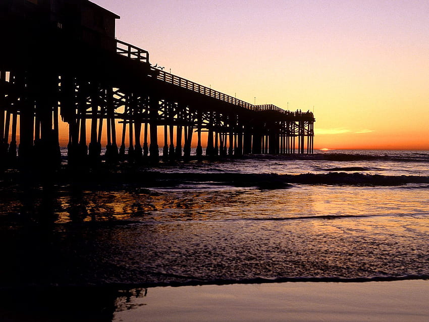Nature, Sunset, Sea, Waves, Pier, Evening, California, San Diego HD wallpaper
