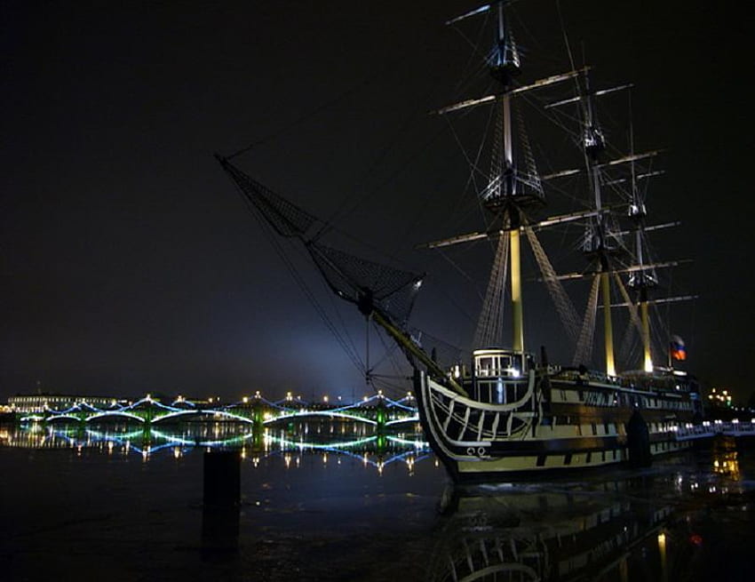 On Show, notte, mare, barca, nave, riflesso, illuminato, ponte Sfondo HD