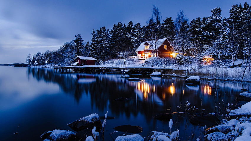 General night cabin Sweden snow winter landscape space, Calm Winter HD wallpaper