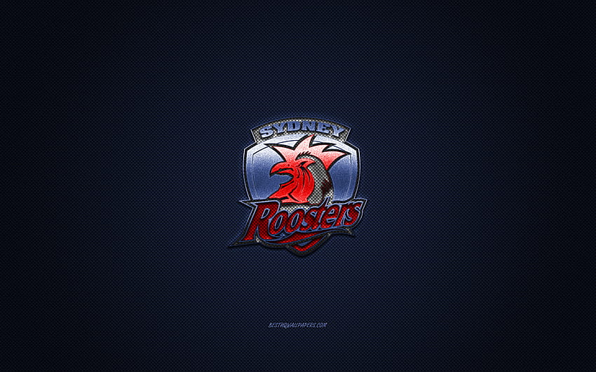 Sydney Roosters, Avustralya rugby kulübü, NRL, kırmızı logo, mavi karbon fiber arka plan, Ulusal Rugby Ligi, ragbi, Sidney, Avustralya, Sidney Horozları logosu HD duvar kağıdı