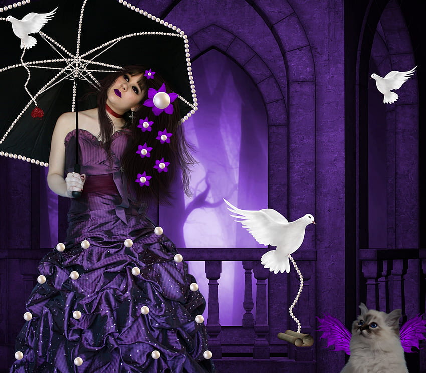 ✫Pretty Purple and Pearls✫, umbrella, colorful, birds, emotional, colors, dripping heart, digital art, doves, purity, dress, animals, pearls, lips, female, model, old paper, gorgeous, cat, beautiful, purple, fantasy, pretty, manipulation, face eyes, cool, girls, flowers, women, lovely, splendor, hair HD wallpaper