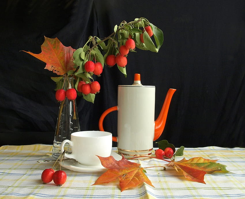 Autumn still life 2, composition, art , still life, leaves, teacup, cup, berryes, nice HD wallpaper