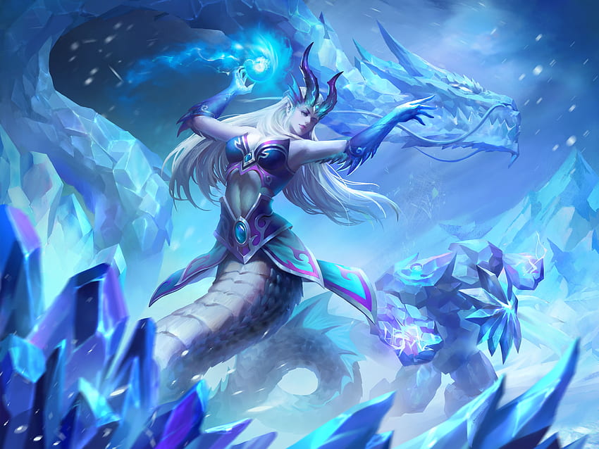 Winter dragon, blue, winter, white, girl, fantasy, dragon, game, luminos, ice HD wallpaper