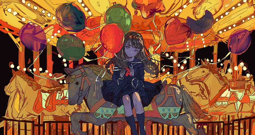 Ferris wheel, anime girl, balloons, art HD wallpaper
