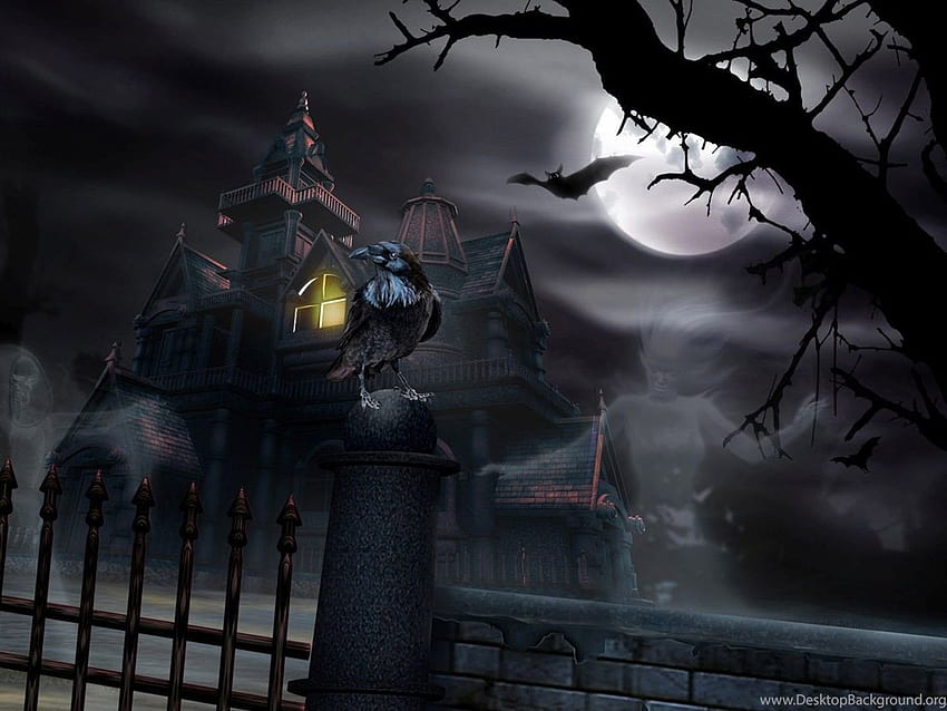 Maison hantée, Fantôme, Corbeau, Lune, Nuit, Art numérique, . Arrière-plan, Fantôme Art numérique Fond d'écran HD