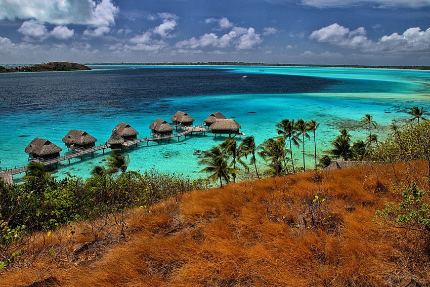 Bungalow Air Bora Bora, pulau, biru, tropis, tahiti, pantai, Bungalow, air, pulau, samudra, laut, vila, eksotik, surga, aqua, laguna, bora bora, polinesia Wallpaper HD