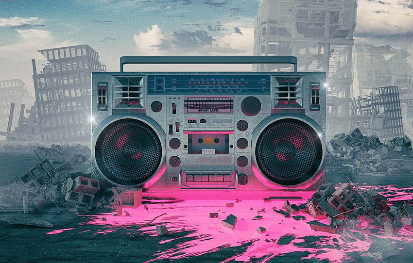 Music, The city, Style, Background, Destruction, Fantasy, Art, Graphics, Art, 80s, Style, Tape, Fiction, Neon, Fiction, Rendering for , section рендеринг, 80s Boombox HD wallpaper