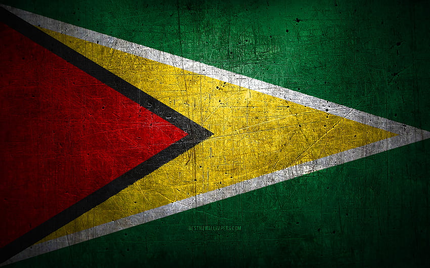 Guyanese metal flag, grunge art, South American countries, Day of Guyana, national symbols, Guyana flag, metal flags, Flag of Guyana, South America, Guyanese flag, Guyana HD wallpaper