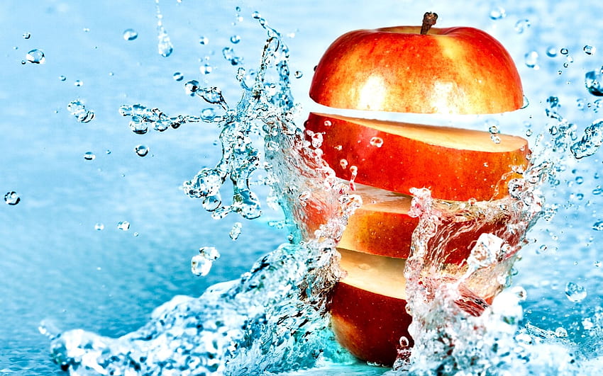 Nourriture pommes fruits éclaboussures d'eau gouttes stop motion graphie couleur vive. Fond d'écran HD