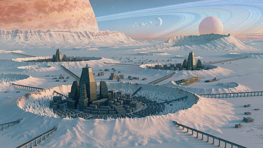 Colonización futurista, Invierno, Nieve, Superficie del planeta para iMac de 27 pulgadas, Colonización espacial fondo de pantalla