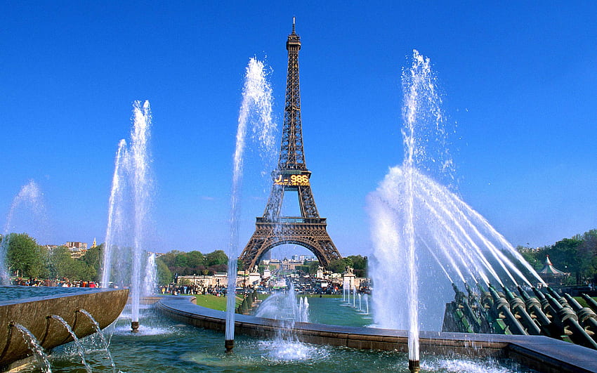 Le tour Eiffel, blue, paris, avenue, turnul eiffel, arteziana, france, fantana, eiffel tower, bulevard, artesian well HD wallpaper