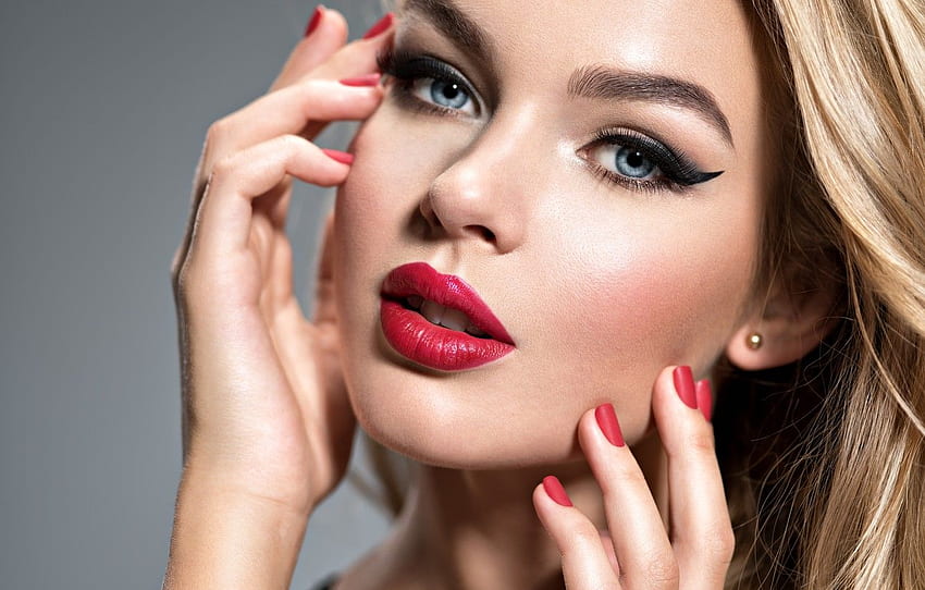 gadis, wajah, model, tangan, riasan, lipstik, berambut pirang, merah, manikur untuk , bagian стиль Wallpaper HD