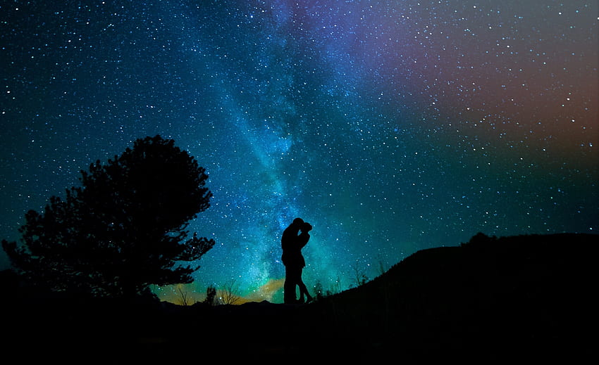 Двойка, романтична нощ, силует, звездно небе HD тапет