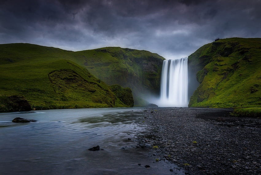 Waterfalls: Waterfall River Iceland Skogafoss Mountain Nature HD wallpaper