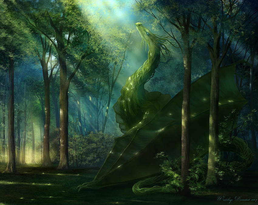 Изкуство, гора, дракон, слънчева светлина HD тапет