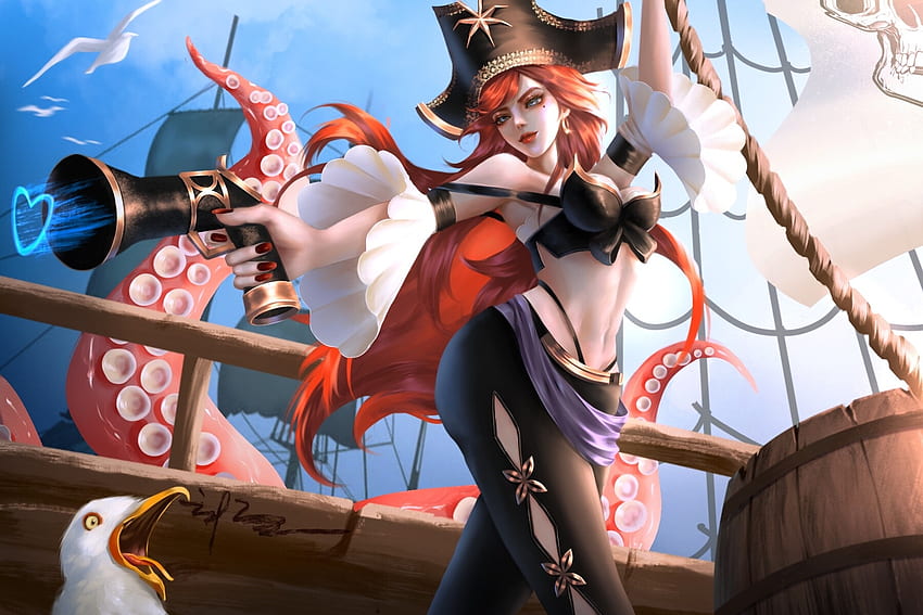 Katarina, hat, fantasy, pirate, yixue, girl, lol HD wallpaper