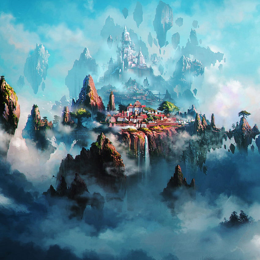 Anime fantasi kota awan wallpaper ponsel HD