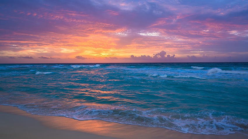 Resolución 1440P de la costa del mar de México, y puesta de sol en la playa de México fondo de pantalla