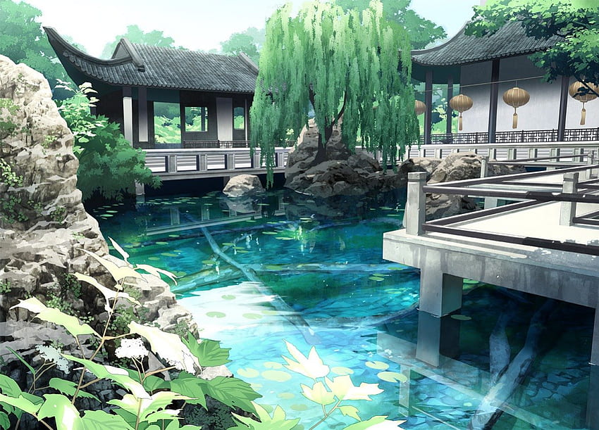 Аниме Японска градина, сцена, къща, красива, красота, дърво, природа, аниме, живописна, сграда, фенер, вода, езерце HD тапет