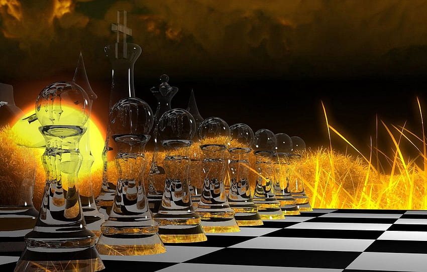 glass, abstraction, fire, the game, chess, abstract, cells, fire, glass, Board, game, figure, strategy, strategy, black and white, Chess for , section игры HD wallpaper