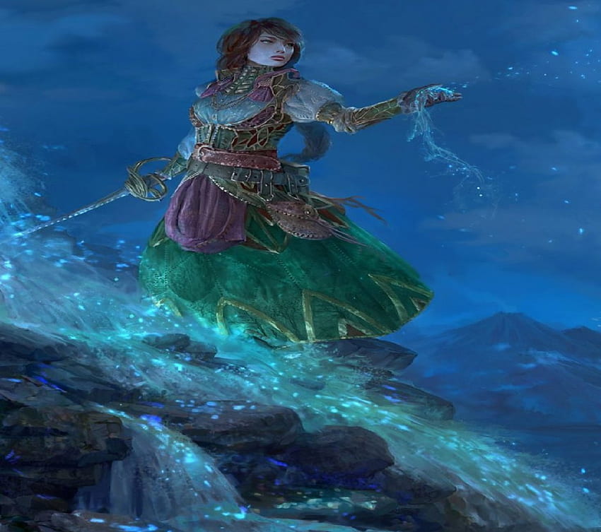 Melepaskannya, cahaya biru, pedang, fantasi, air terjun, wanita Wallpaper HD