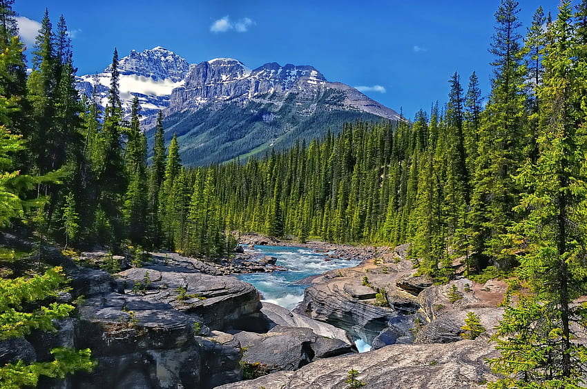 Река Mistaya, синьо, бързеи, Канада, борове, сняг, зелено, дървета, планини, вода, гора HD тапет