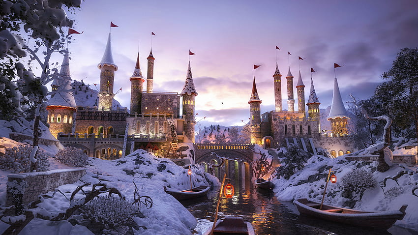 Kastil, musim dingin, fantasi, seni Wallpaper HD