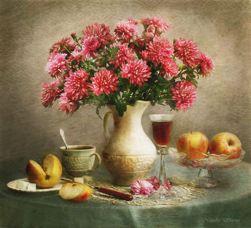 Still life, morning, tea, fruits, cup, quiet, pink, glass, flowers, chrysanthemum HD wallpaper