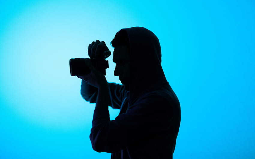 fotógrafo, capó, cámara, oscuro, disparo, azul ultra 16:10, grafía fondo de pantalla