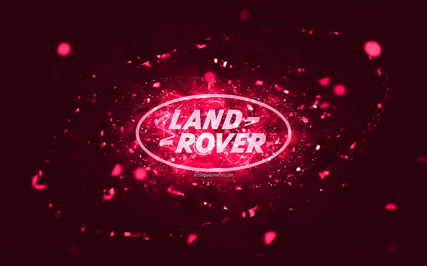 Land Rover pink logo, , pink neon lights, creative, pink abstract background, Land Rover logo, cars brands, Land Rover HD wallpaper