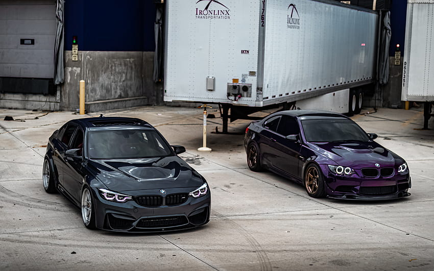 BMW M3 F80, Front View, Black M3 F80, Purple M3 E92, BMW M3 E92, M3 Tuning, E92 vs M3, German Cars, BMW HD wallpaper