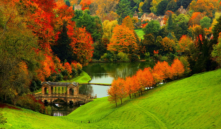 Есен в провинцията, река, цветен, град, спокойно, къщи, спокойствие, дървета, есен, склон, есен, красива, трева, село, езеро, гледка, мост, природа, прекрасен, провинция, зеленина HD тапет