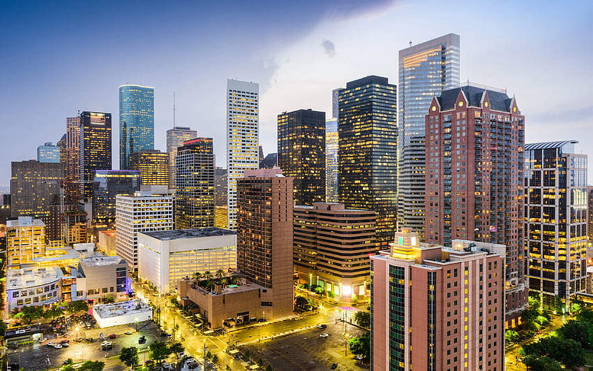 Houston, , edifícios modernos, Texas, EUA, cidades americanas, América, Houston à noite, R, Cidade de Houston, Cidades do Texas para com resolução . Alta qualidade papel de parede HD