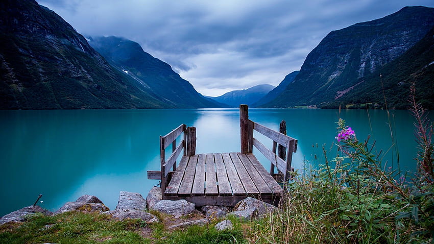 Noruega, , , ponte, mar, lago, água, azul, céu, nuvens, montanha (horizontal). Natureza, Água do lago, Noruega, Natural papel de parede HD