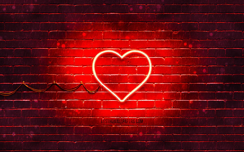 Neonowa ikona serca, czerwone tło, neonowe symbole, serce, kreatywne, neonowe ikony, znak serca, znaki miłości, ikona serca, ikony miłości, koncepcje miłości z rozdzielczością. Wysoka jakość Tapeta HD