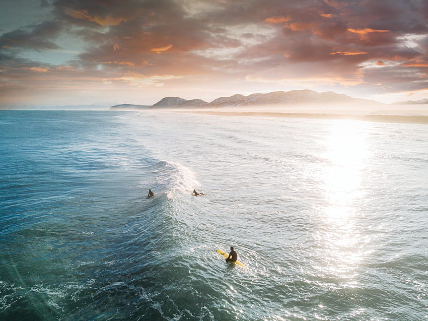 Tide, surfers, sea, aerial shot, sunset HD wallpaper