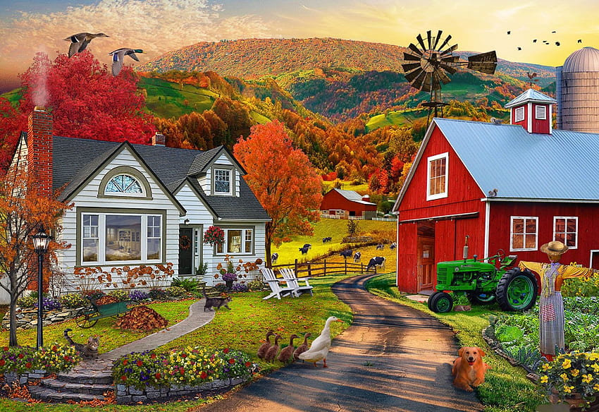 Country Farm, artwork, digital, barn, house, autumn, trees, tractor, road HD wallpaper