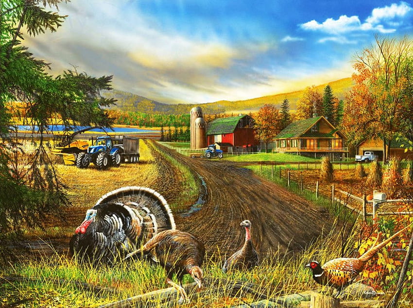 Musim Gugur, burung pegar, lukisan, kalkun, lanskap, ladang, rumah, traktor Wallpaper HD