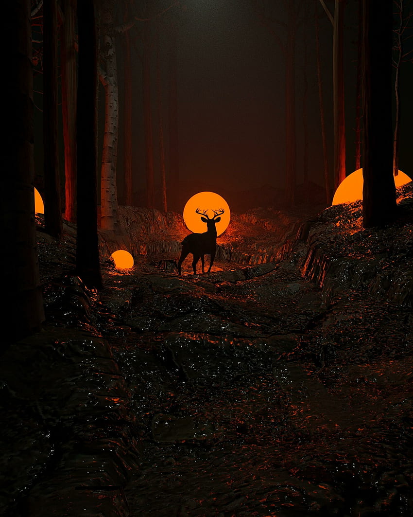 Ciervo, silueta, noche oscura, bosque. fondo de pantalla del teléfono