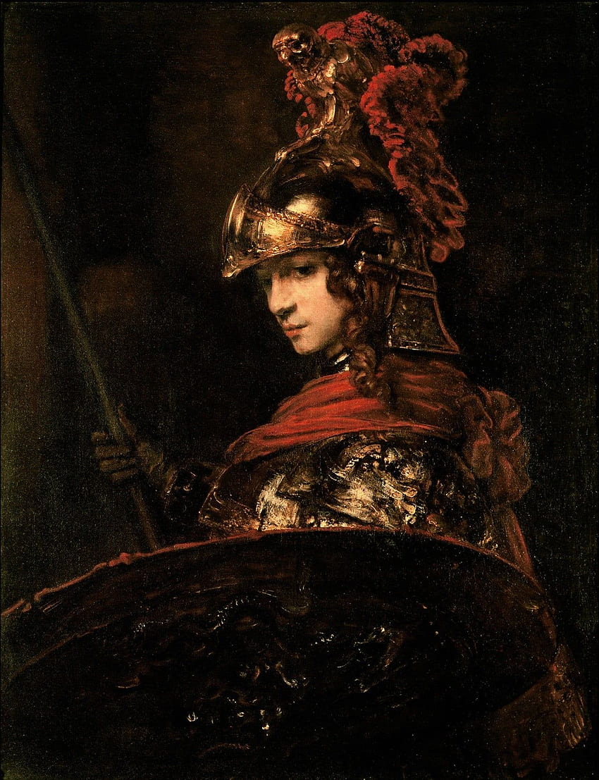 Hombre con pintura de armadura medieval, mitología griega, Athena, Rembrandt van Rijn, arte clásico, pintura al óleo griega fondo de pantalla del teléfono