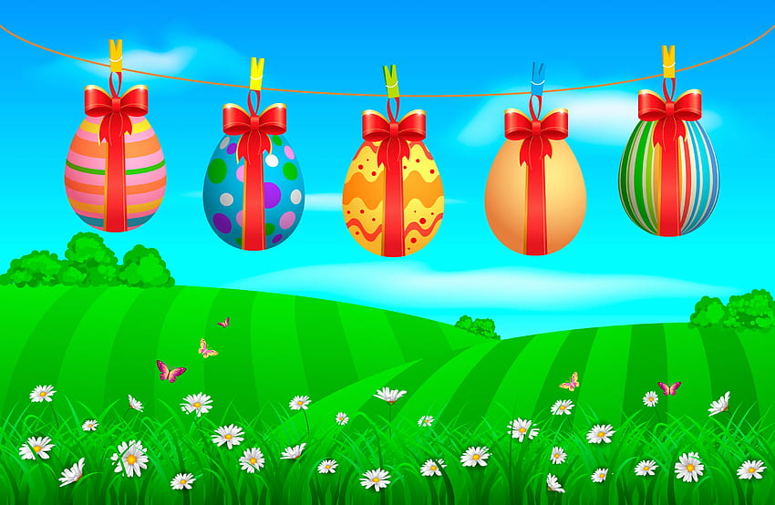 Huevos de Pascua, Pascua, tendedero, cintas, lazos, hierba, huevos, margaritas, mariposas, campo, nubes, árboles, flores, cielo, Primavera, pinzas para la ropa fondo de pantalla
