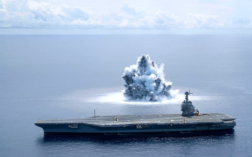 USS Gerald R Ford, CVN-78, amerykański lotniskowiec o napędzie atomowym, US Navy, eksplozja w pobliżu lotniskowca, testy Tapeta HD
