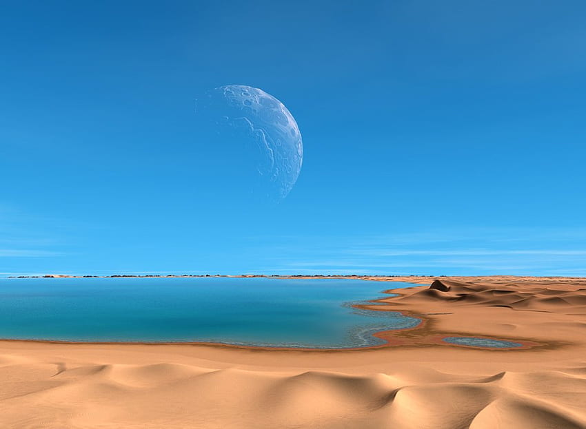 duna mar, mar, céu azul, areia, lua papel de parede HD