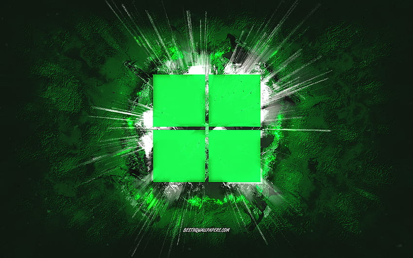 Windows 11 logo, grunge art, Windows, green stone background, Windows 11 green logo, Windows 11, creative art, Windows 11 grunge logo, Windows logo HD wallpaper