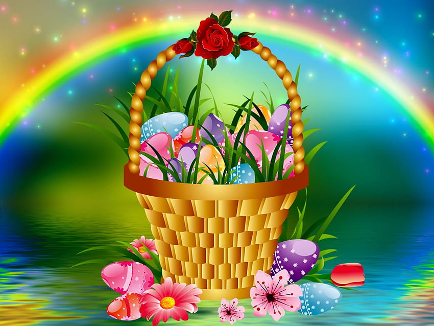 Easter rainbow, colorful, colors, eggs, spring, nice, basket, holiday, reflection, backgrouns, beautiful, grass, rainbow, pretty, hop, flowers, easter, lovely HD wallpaper